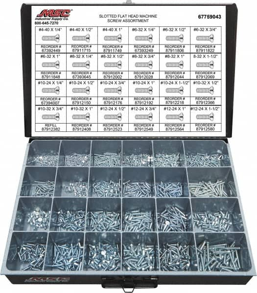 Value Collection - 1,500 Piece, #4-40 to #12-24, Steel Machine Screw Assortment - Flat Head, Slotted Drive, 1/4 to 1-1/2" Long, Grade 2 - Benchmark Tooling