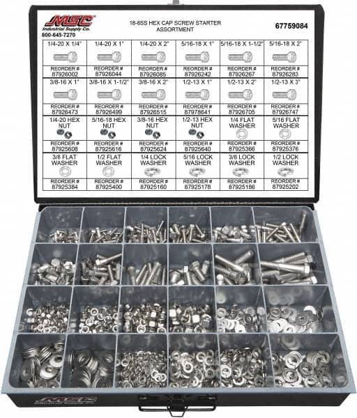 Value Collection - 1,350 Piece Stainless Steel Hex Head Cap Screws - 1/4-20 to 1/2-13 Thread, 18-8 - Benchmark Tooling