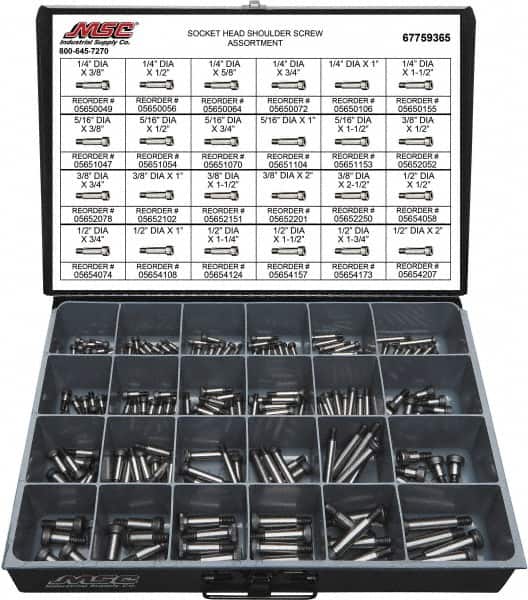 Value Collection - 190 Piece, 1/4x3/8 to 3/8 x 1-1/2, Alloy Steel Shoulder Screw Assortment - Socket Cap Head, Hex Socket Drive, 3/8 to 2" Long - Benchmark Tooling