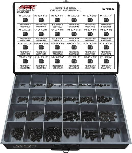 Value Collection - 555 Piece, #6-32 to 1/2-13, Alloy Steel Set Screw Assortment - Hex Head, Hex Socket Drive, 1/8 to 3/4" Long - Benchmark Tooling