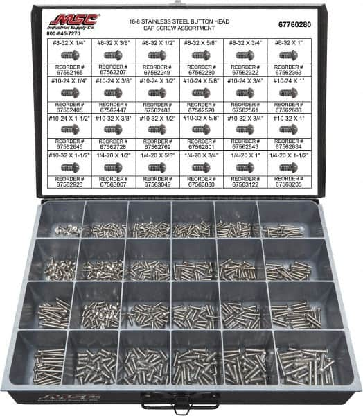 Value Collection - 800 Piece Stainless Steel Button Head Cap Screws - #8-32 to 1/4-20 Thread, 18-8 - Benchmark Tooling