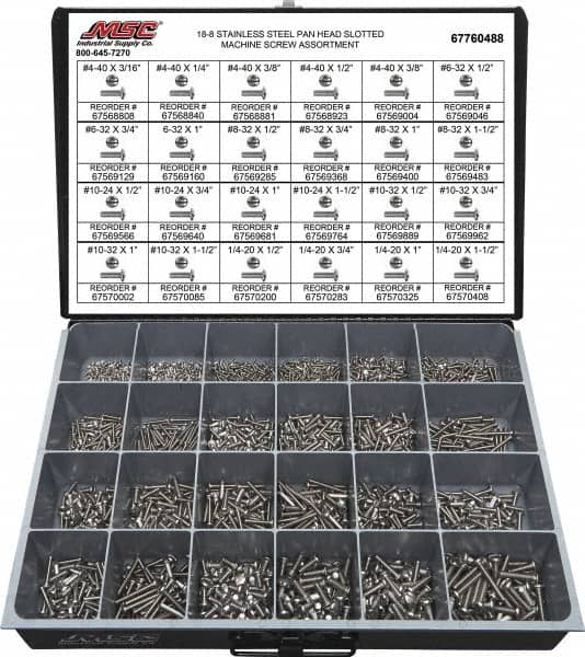 Value Collection - 1,950 Piece, #4-40 to 1/4-20, Stainless Steel Machine Screw Assortment - Pan Head, Slotted Drive, 3/16 to 1-1/2" Long, Grade 18-8 - Benchmark Tooling