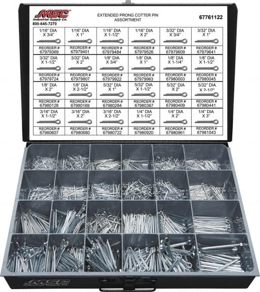 Value Collection - 2,325 Piece, 1/16 to 1/4" Pin Diam, Extended Prong Cotter Pin Assortment - 3/4 to 3" Long, Grade 2 Steel - Benchmark Tooling