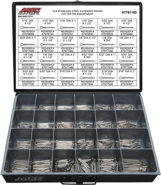 Value Collection - 1,250 Piece, 1/16 to 3/16" Pin Diam, Extended Prong Cotter Pin Assortment - 1/2 to 2" Long, 18-8 Stainless Steel - Benchmark Tooling