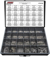 Value Collection - 115 Piece, 1/16 to 5/16" Pin Diam, Dowel Pin Assortment - 1/4 to 2" Long, 402 Stainless Steel - Benchmark Tooling