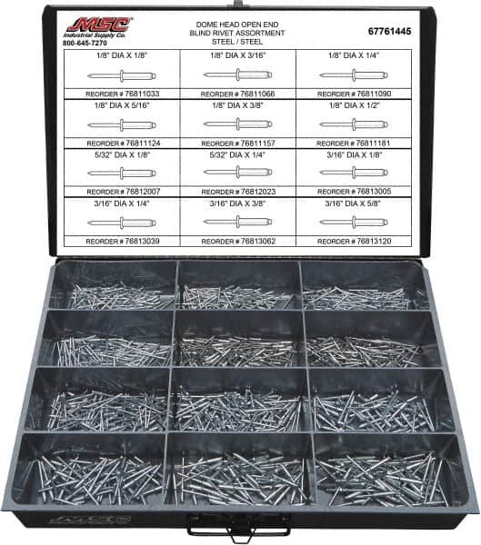 Value Collection - 1,100 Piece, 1/8 to 3/16" Hole Diam, Dome Head, Steel Blind Rivet Assortment - 1/8 to 5/8" Length, Steel Mandrel - Benchmark Tooling