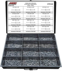 Value Collection - 1,100 Piece, 1/8 to 3/16" Hole Diam, Dome Head, Steel Blind Rivet Assortment - 1/8 to 5/8" Length, Steel Mandrel - Benchmark Tooling