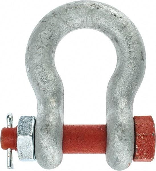 Campbell - 1" Nominal Chain Size, 12.5 Ton Alloy Steel Bolt Anchor Shackle - 1" Diam, 1-1/8" Pin Diam, 3-3/4" High x 1-11/16" Wide Inside Jaw, 2-1/2" Inside Width, 2-3/8" Max Body Thickness - Benchmark Tooling