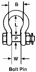 Campbell - 2" Nominal Chain Size, 35 Ton Carbon Steel Bolt Anchor Shackle - 2" Diam, 2" Pin Diam, 7-3/4" High x 3-1/4" Wide Inside Jaw, 5-3/4" Inside Width, 4-7/8" Max Body Thickness - Benchmark Tooling