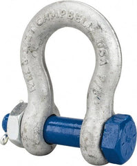 Campbell - 7/8" Nominal Chain Size, 6.5 Ton Carbon Steel Bolt Anchor Shackle - 7/8" Diam, 7/8" Pin Diam, 3-1/8" High x 1-7/16" Wide Inside Jaw, 2-1/16" Inside Width, 2" Max Body Thickness - Benchmark Tooling