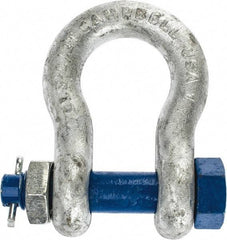 Campbell - 1" Nominal Chain Size, 8.5 Ton Carbon Steel Bolt Anchor Shackle - 1" Diam, 1" Pin Diam, 3-3/4" High x 1-11/16" Wide Inside Jaw, 2-1/2" Inside Width, 2-3/8" Max Body Thickness - Benchmark Tooling