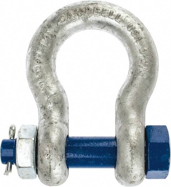 Campbell - 1-1/8" Nominal Chain Size, 9.5 Ton Carbon Steel Bolt Anchor Shackle - 1-1/8" Diam, 1-1/8" Pin Diam, 4-1/4" High x 1-13/16" Wide Inside Jaw, 2-15/16" Inside Width, 2-5/8" Max Body Thickness - Benchmark Tooling