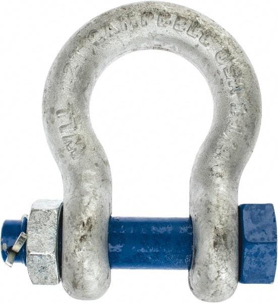 Campbell - 1-1/4" Nominal Chain Size, 12 Ton Carbon Steel Bolt Anchor Shackle - 1-1/4" Diam, 1-1/4" Pin Diam, 4-1/2" High x 2" Wide Inside Jaw, 3-1/4" Inside Width, 3" Max Body Thickness - Benchmark Tooling