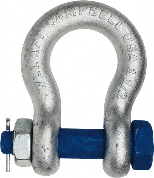 Campbell - 1-1/2" Nominal Chain Size, 17 Ton Carbon Steel Bolt Anchor Shackle - 1-1/2" Diam, 1-1/2" Pin Diam, 5-3/4" High x 2-3/8" Wide Inside Jaw, 3-7/8" Inside Width, 3-1/2" Max Body Thickness - Benchmark Tooling