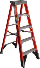 Werner - 4 Steps, 5' High, Type IAA Rating, Fiberglass Step Ladder - 375 Lb Capacity, 24-1/4" Base Width - Benchmark Tooling