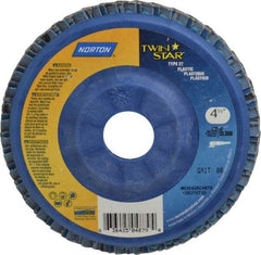 Norton - 80 Grit, 4-1/2" Disc Diam, 7/8" Center Hole, Type 27 Ceramic Flap Disc - 13,000 Max RPM, Plastic Backing, Arbor Attaching System, Coated - Benchmark Tooling