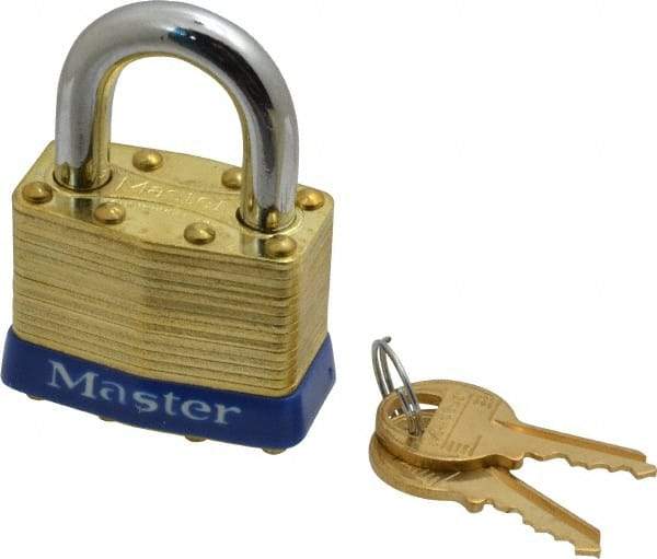 Master Lock - 15/16" Shackle Clearance, Keyed Alike Laminated Brass Padlock - 5/16" Shackle Diam, Brass - Benchmark Tooling