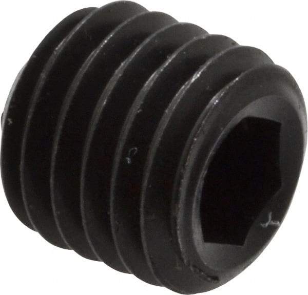 Unbrako - 1/4-28 UNF, 1/4" OAL, Cup Point Set Screw - Grade 8 Alloy Steel, 1/8" Key - Benchmark Tooling