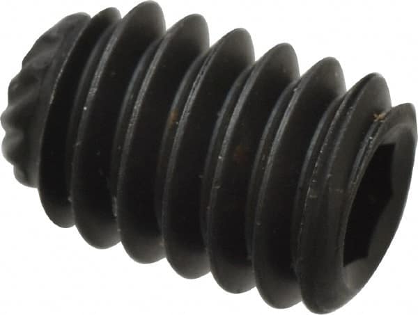 Unbrako - #8-32 UNC, 1/4" OAL, Knurled Cup Point Set Screw - Grade 8 Alloy Steel, 5/64" Key - Benchmark Tooling