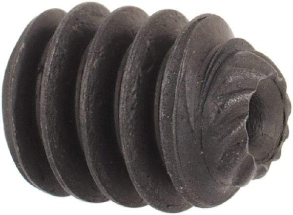 Unbrako - #10-24 UNC, 1/4" OAL, Knurled Cup Point Set Screw - Grade 8 Alloy Steel, 3/32" Key - Benchmark Tooling