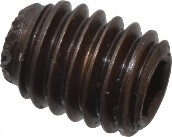 Unbrako - #10-32 UNF, 1/4" OAL, Knurled Cup Point Set Screw - Grade 8 Alloy Steel, 3/32" Key - Benchmark Tooling