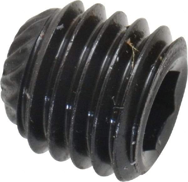 Unbrako - 1/4-28 UNF, 1/4" OAL, Knurled Cup Point Set Screw - Grade 8 Alloy Steel, 1/8" Key - Benchmark Tooling