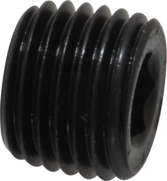 Unbrako - 1/4-18, 13/32" OAL, Alloy Steel Socket Pressure Plug - 7/8" Taper per Foot, 1/4" Hex Key - Benchmark Tooling