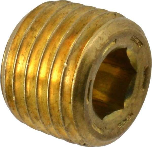 Unbrako - 1/4-18, 13/32" OAL, Brass Socket Pressure Plug - 7/8" Taper per Foot, 1/4" Hex Key - Benchmark Tooling