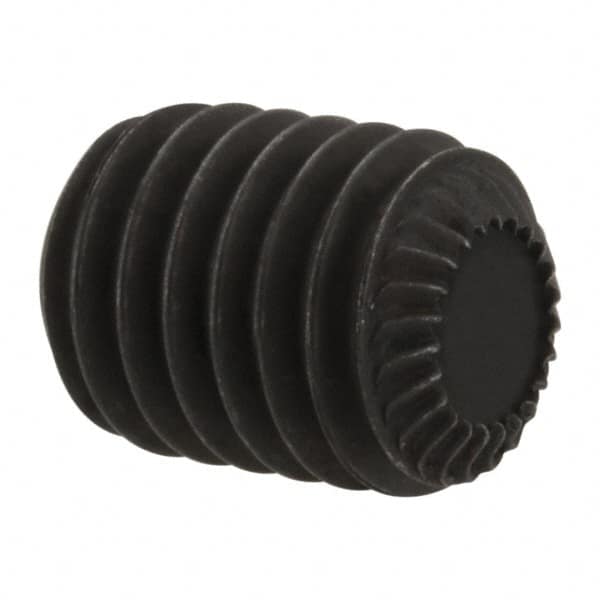 Unbrako - M8, 10mm OAL, Knurled Cup Point Set Screw - Grade 45H Alloy Steel, 4mm Key - Benchmark Tooling