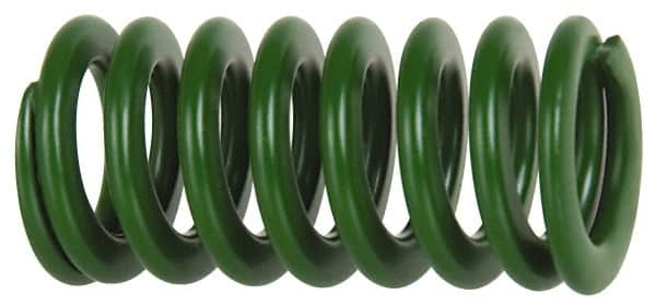 Associated Spring Raymond - 50mm Hole Diam, 25mm Rod Diam, 3-1/2" Free Length, Green Die Spring - 3815 N Max Deflection, 35mm Max Deflection, Light Duty, Chromium Alloy Steel - Benchmark Tooling