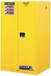 Justrite - 2 Door, 2 Shelf, Yellow Steel Standard Safety Cabinet for Flammable and Combustible Liquids - 65" High x 34" Wide x 34" Deep, Manual Closing Door, 3 Point Key Lock, 60 Gal Capacity - Benchmark Tooling