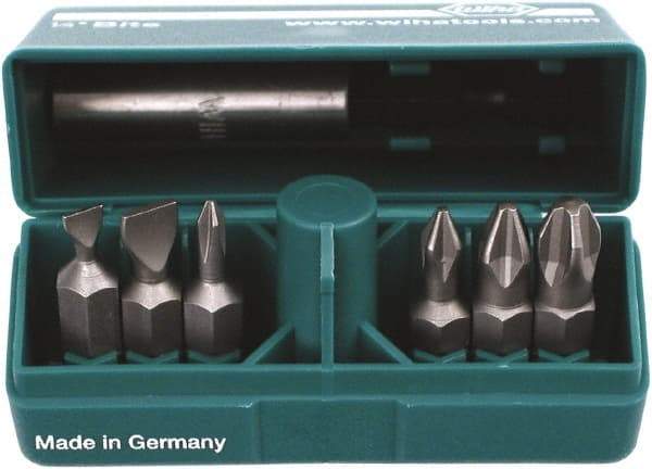 Wiha - 6 Piece, 1/4" Drive Screwdriver Insert Bit Set - #0 to #3 Phillips, 4.5 & 6mm Slotted - Benchmark Tooling