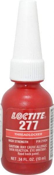 Loctite - 10 mL Bottle, Red, High Strength Liquid Threadlocker - Series 277, 24 hr Full Cure Time, Hand Tool, Heat Removal - Benchmark Tooling