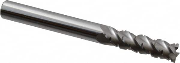 Accupro - 5/16" Diam, 1-1/8" LOC, 4 Flute Solid Carbide Roughing & Finishing Square End Mill - Uncoated, 3" OAL, 5/16" Shank Diam, Straight Shank, 40° Helix, Centercutting, Long Length - Benchmark Tooling