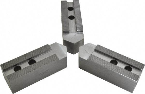 H & R Manufacturing - 1.5mm x 60° Serrated Attachment, Square Soft Lathe Chuck Jaw - 3 Jaws, Steel, 1.69" Btw Mount Hole Ctrs, 7-1/2" Long x 2-1/2" Wide x 2-1/2" High, 0.866" Groove, 20mm Fastener - Benchmark Tooling