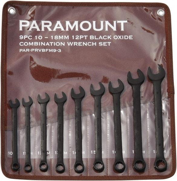 Paramount - 9 Piece, 10mm to 18mm, 12 Point Combination Wrench Set - Metric Measurement Standard, Black Oxide Finish, Comes in Canvas Roll - Benchmark Tooling