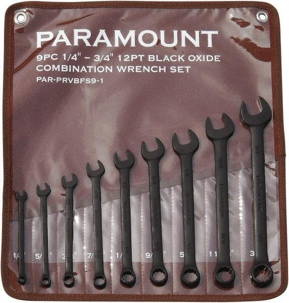 Paramount - 9 Piece, 1/4" to 3/4", 12 Point Combination Wrench Set - Inch Measurement Standard, Black Oxide Finish, Comes in Canvas Roll - Benchmark Tooling