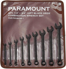 Paramount - 9 Piece, 1/4" to 3/4", 12 Point Combination Wrench Set - Inch Measurement Standard, Black Oxide Finish, Comes in Canvas Roll - Benchmark Tooling