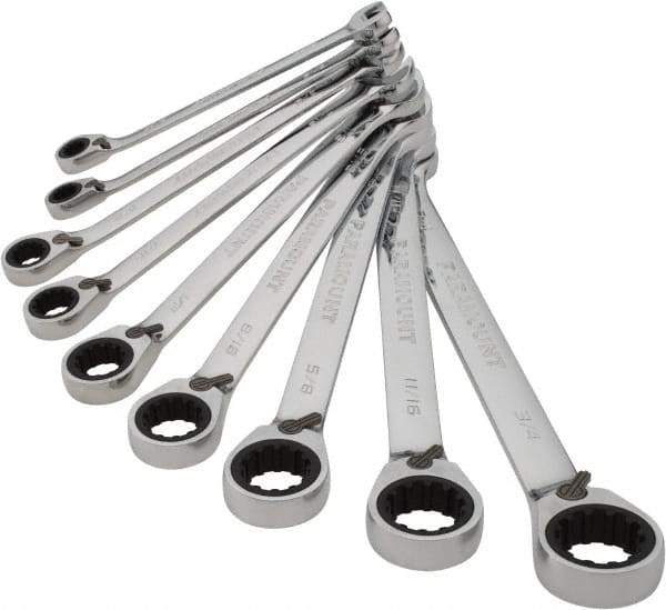 Paramount - 9 Piece, 9/32" to 3/4", 12 Point Ratcheting Reversible Combination Wrench Set - Inch Measurement Standard, Chrome Finish, Comes in Canvas Roll - Benchmark Tooling