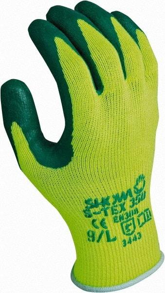 SHOWA - Size S (7), ANSI Cut Lvl 4, Puncture Lvl 3, Abrasion Lvl 4, Nitrile Coated Nitrile Cut Resistant Gloves - 10" Long, Palm Coated, Polyester, Stainless Steel & Kevlar Lining, Knit Wrist, Green/Yellow, Paired - Benchmark Tooling