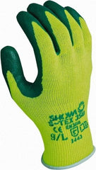 SHOWA - Size M (8), ANSI Cut Lvl 4, Puncture Lvl 3, Abrasion Lvl 4, Nitrile Coated Nitrile Cut Resistant Gloves - 10" Long, Palm Coated, Polyester, Stainless Steel & Kevlar Lining, Knit Wrist, Green/Yellow, Paired - Benchmark Tooling