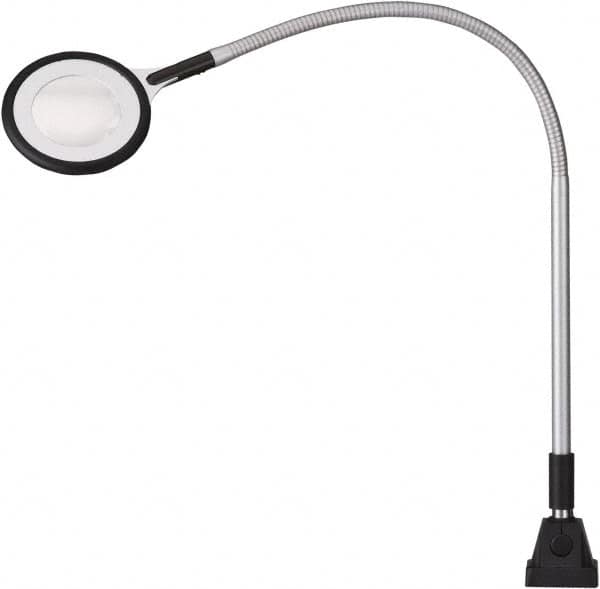 Waldmann Lighting - 25.4 Inch, Gooseneck, Clamp Mounted, LED, Silver, Magnifying Task Light - 6 Watt, 100 to 240 Volt, 2.25x Magnification, 71mm Wide - Benchmark Tooling