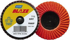 Norton - 60 Grit, 3" Disc Diam, Type 27 Ceramic Alumina Flap Disc - 30,000 Max RPM, Fiberglass Backing, Quick Change Type R Attaching System, Coated - Benchmark Tooling