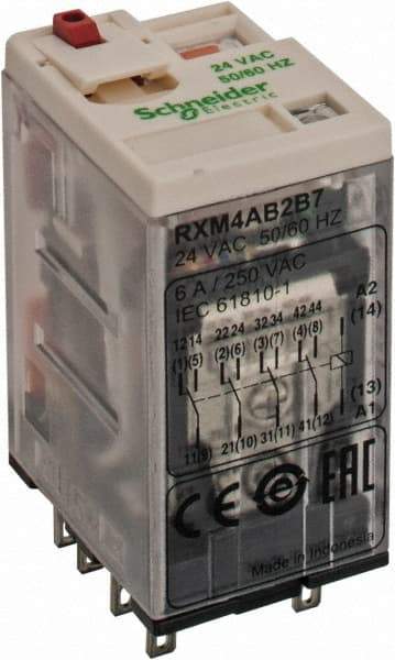 Square D - 14 Pins, 1.2 VA Power Rating, Ice Cube Electromechanical Plug-in General Purpose Relay - 6 Amp at 277 VAC, 4PDT, 24 VAC, 21mm Wide x 40mm High x 27mm Deep - Benchmark Tooling