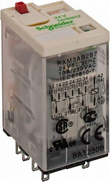 Square D - 11 Pins, 1.2 VA Power Rating, Ice Cube Electromechanical Plug-in General Purpose Relay - 10 Amp at 277 VAC, 3PDT, 24 VAC, 21mm Wide x 40mm High x 27mm Deep - Benchmark Tooling