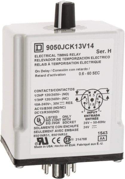 Square D - 8 Pin, 999 hr Delay, DPDT Time Delay Relay - 10 Contact Amp, 24 VAC/VDC - Benchmark Tooling