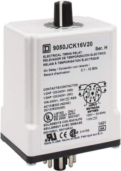 Square D - 8 Pin, 10 min Delay, DPDT Time Delay Relay - 10 Contact Amp, 110 VDC & 120 VAC - Benchmark Tooling