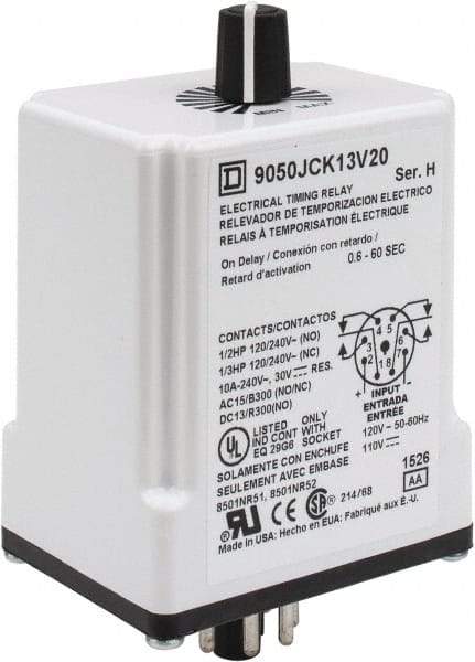 Square D - 8 Pin, 1 min Delay, Multiple Range DPDT Time Delay Relay - 10 Contact Amp, 110 VDC & 120 VAC - Benchmark Tooling