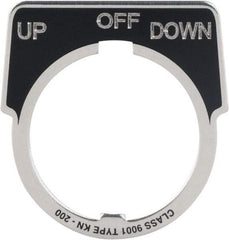 Square D - Metal Legend Plate - Up-Off-Down - Black Background, White Letters, 30mm Hole Diameter - Benchmark Tooling