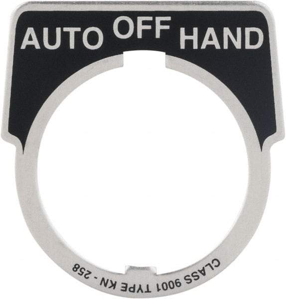 Square D - Metal Legend Plate - Auto-Off-Hand - Black Background, White Letters, 30mm Hole Diameter - Benchmark Tooling